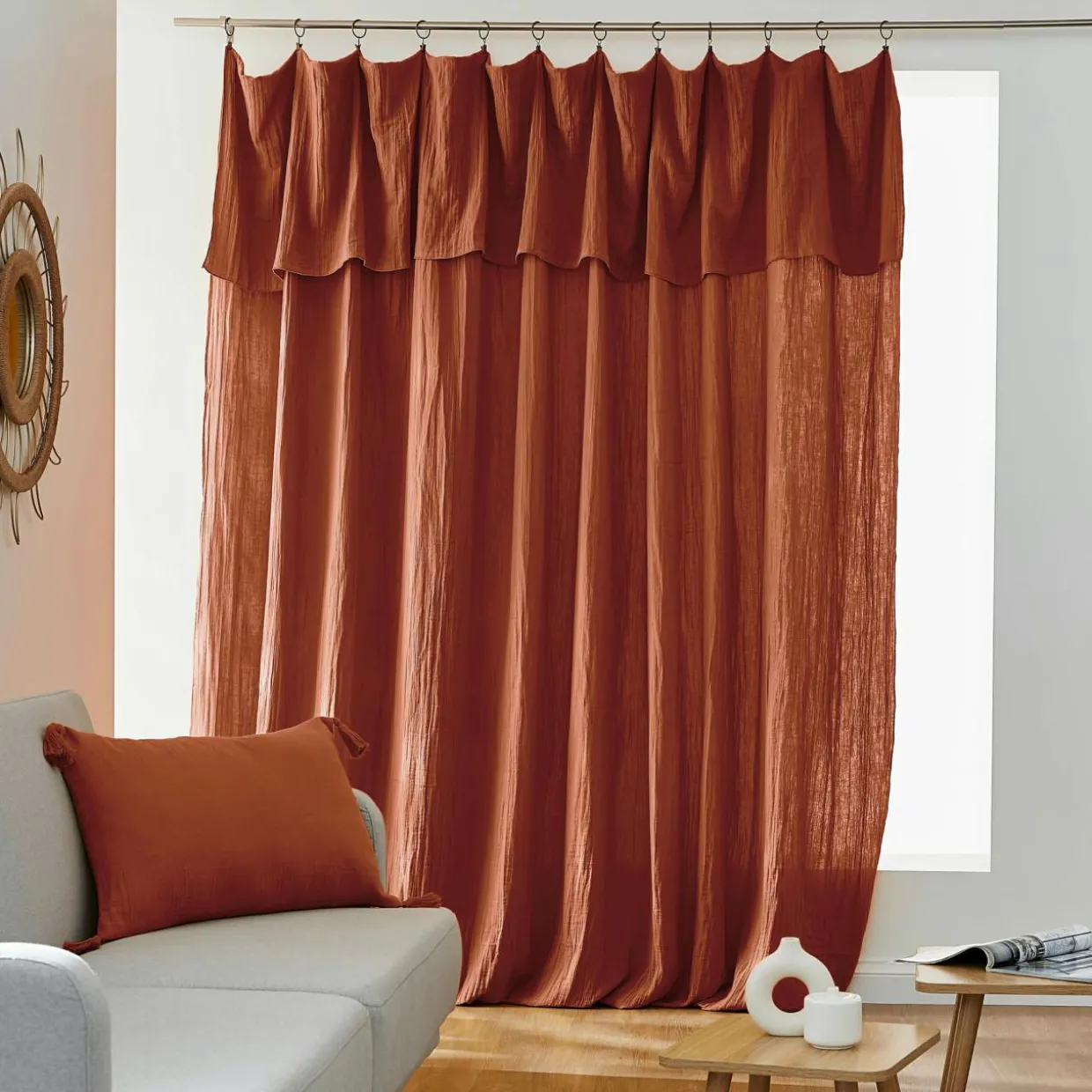 Rideau gaze de coton ajustable (280 x max 300 cm) Gaïa Terracotta