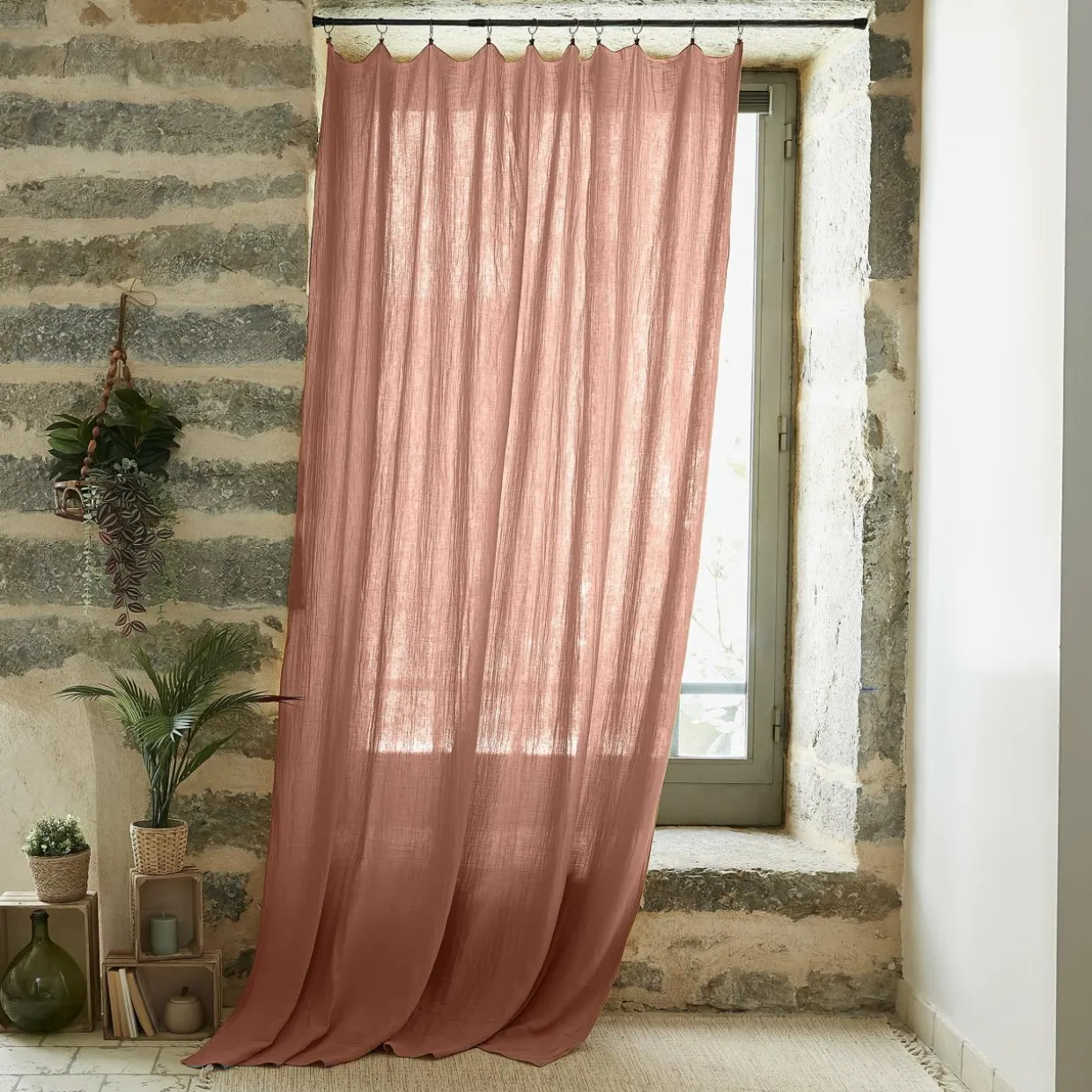 Rideau gaze de coton ajustable (140 x max 300 cm) Gaïa Rose pêche