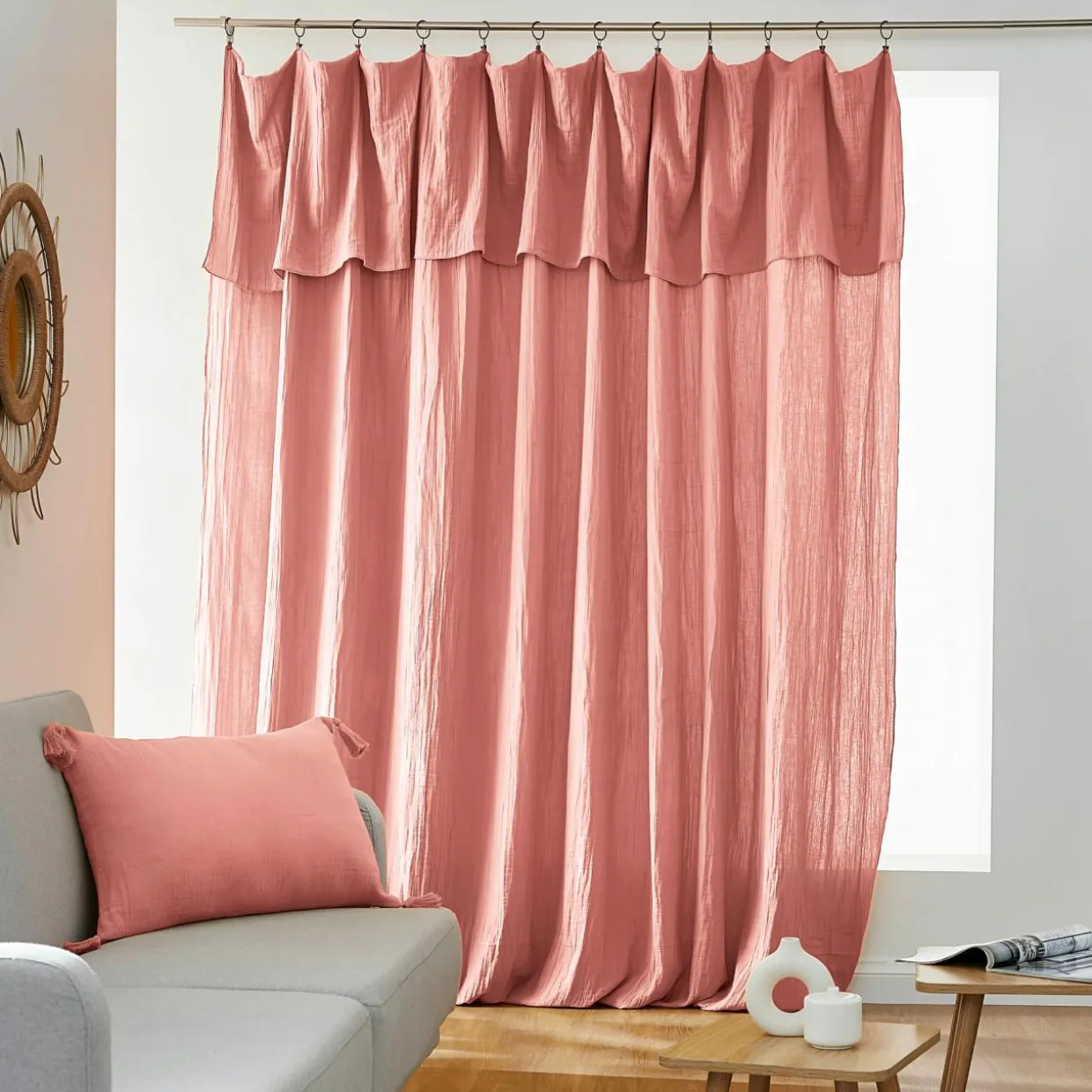 Rideau gaze de coton ajustable (280 x max 300 cm) Gaïa Rose pêche