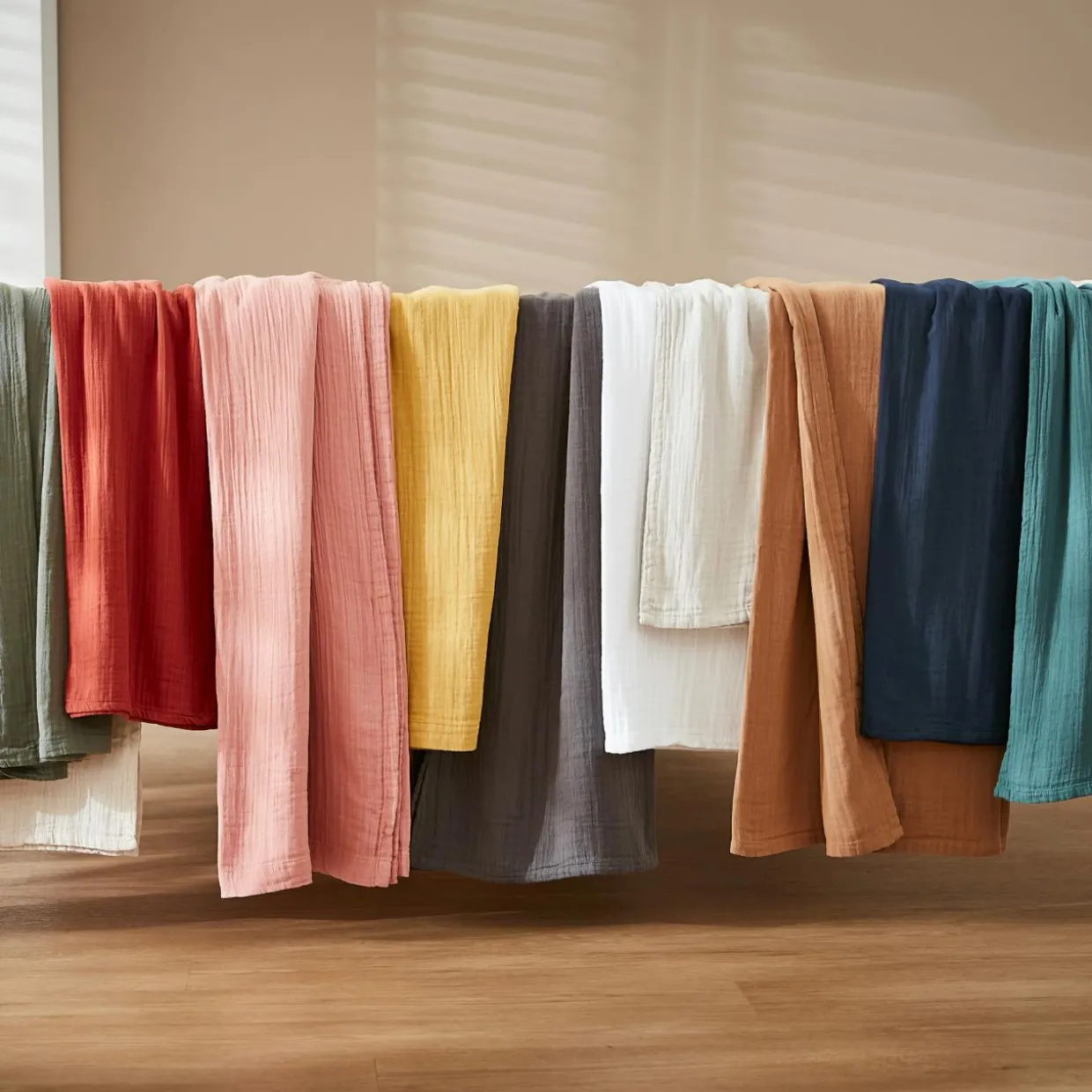 Rideau gaze de coton galon fronceur (140 x 240 cm) Gaïa Rose pêche