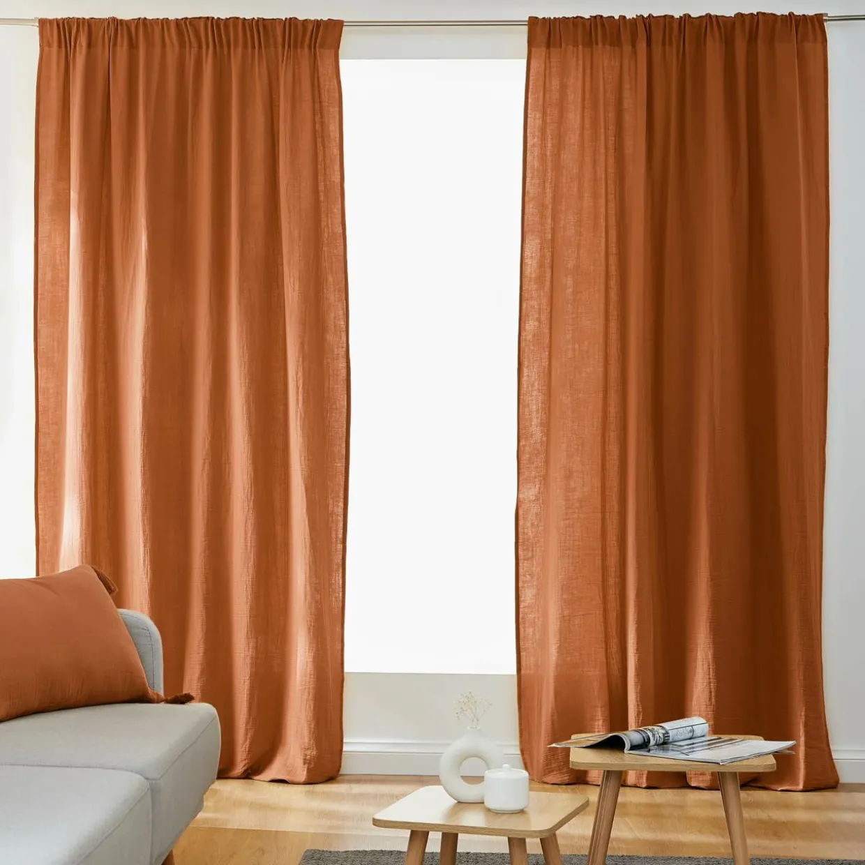 Rideau gaze de coton galon fronceur (180 x 240 cm) Gaïa Abricot