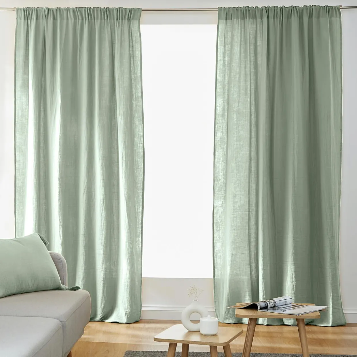 Rideau gaze de coton galon fronceur (140 x 240 cm) Gaïa Vert eucalyptus