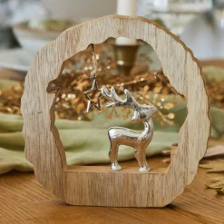 Rondin en bois (H14 cm) Renne et étoile Bois blond