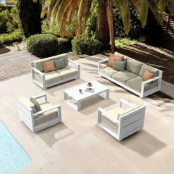 Salon de jardin aluminium 7 places 5 pcs Elba Blanc et beige
