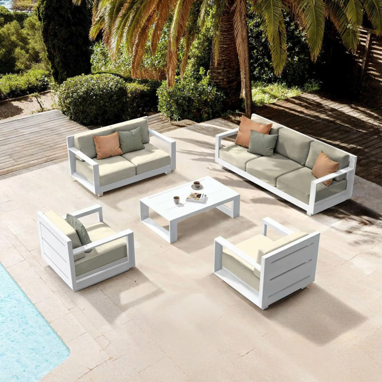 Salon de jardin aluminium 7 places 5 pcs Elba Blanc et beige