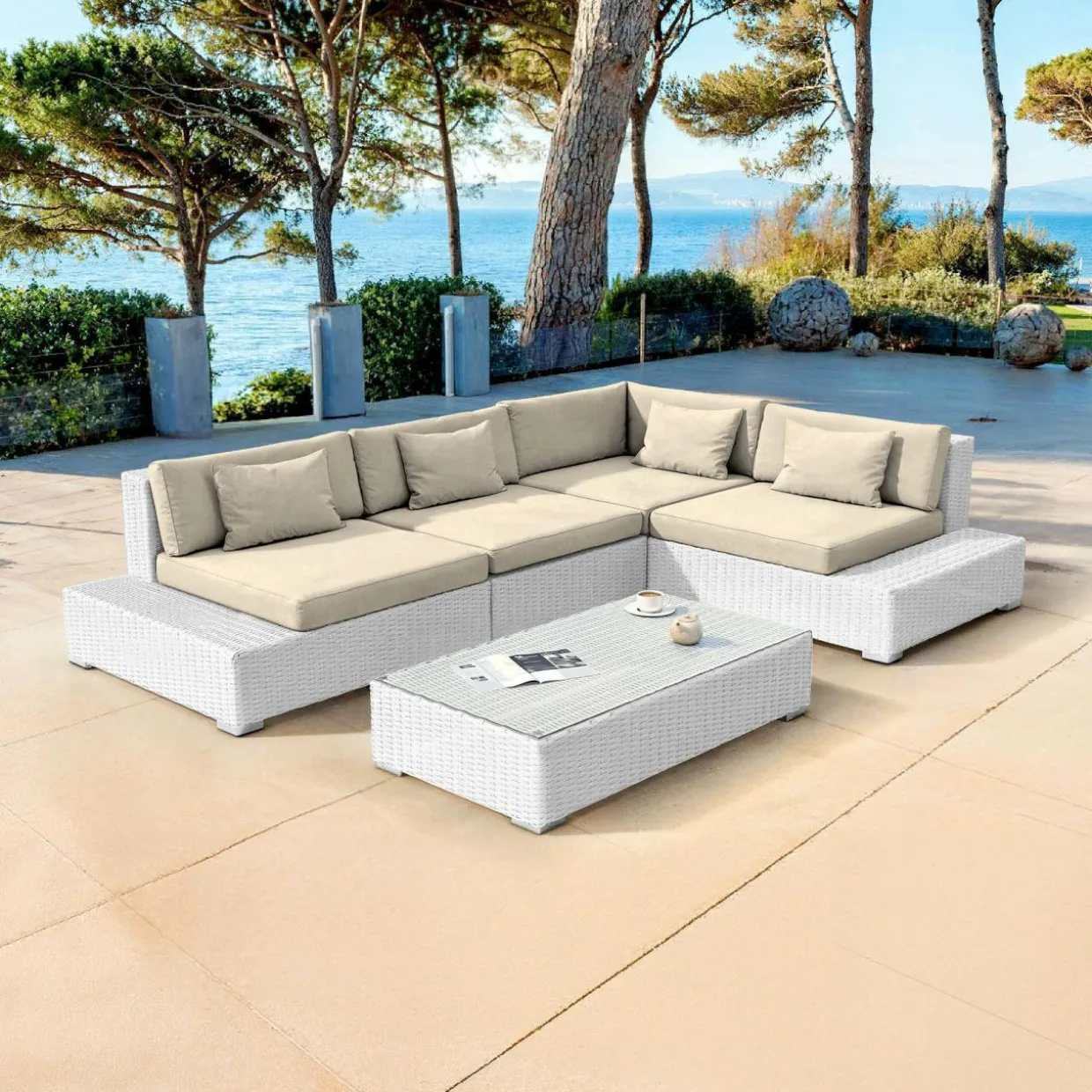 Salon de jardin d'angle en résine tressée 5 places Palma Blanc et beige