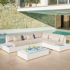 Salon de jardin d'angle en résine tressée 5 places Palma Blanc et taupe