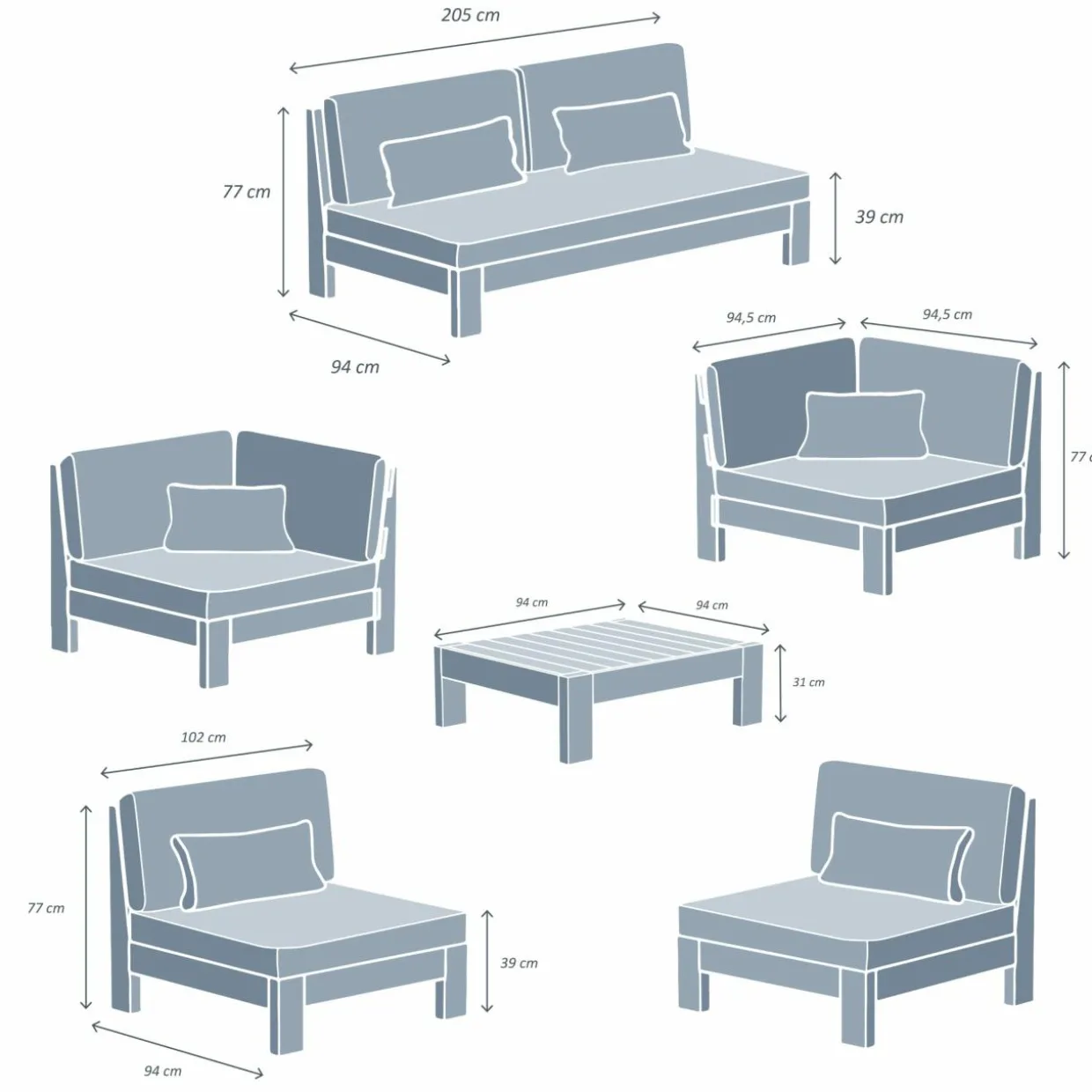 Salon de jardin d'angle en bois d'acacia 7 places 6 pcs Borneo Gris anthracite