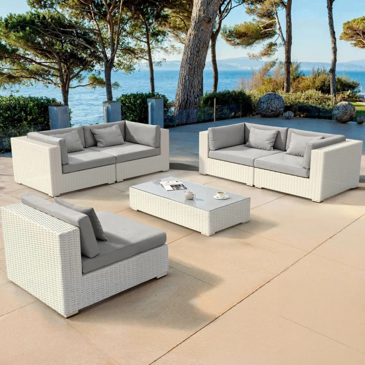 Salon de jardin en résine tressée 5 places 6 pcs Palma Blanc et gris