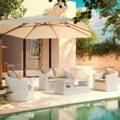 Salon de jardin en résine tressée 4 places 4 pcs Calvi Blanc et taupe