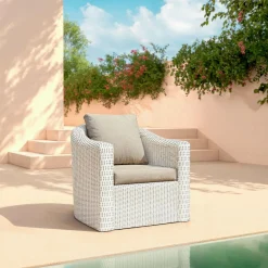 Salon de jardin en résine tressée 7 places 5 pcs Calvi Blanc et taupe