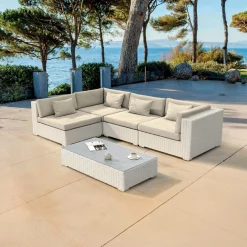 Salon de jardin en résine tressée 4 places 5 pcs Palma Blanc et beige