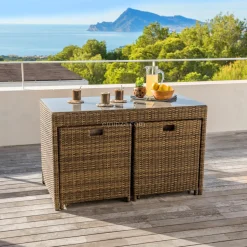 Salon de jardin encastrable résine tressée 4 places Menorca Sépia et beige