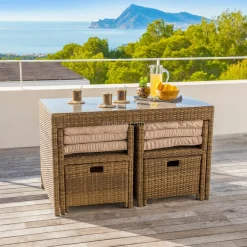 Salon de jardin encastrable résine tressée 4 places Menorca Sépia et beige