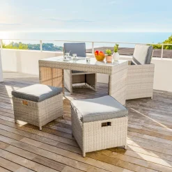 Salon de jardin résine tressée encastrable 4 places Menorca Gris