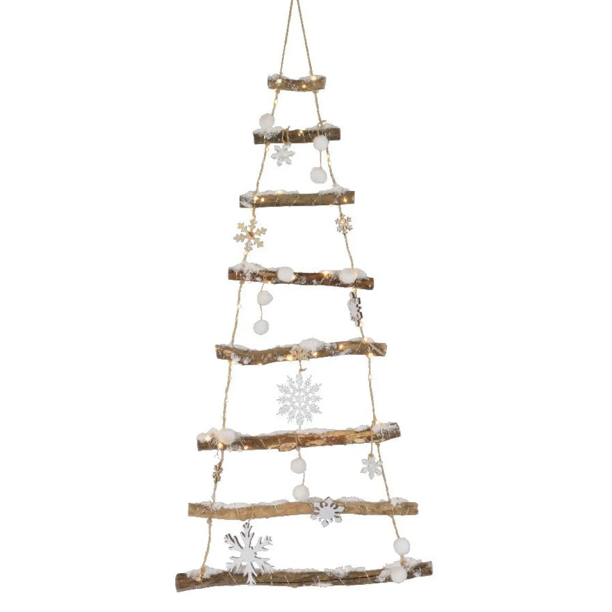 Sapin à suspendre en bois illuminé à piles (H100 cm) Flocons Blanc chaud