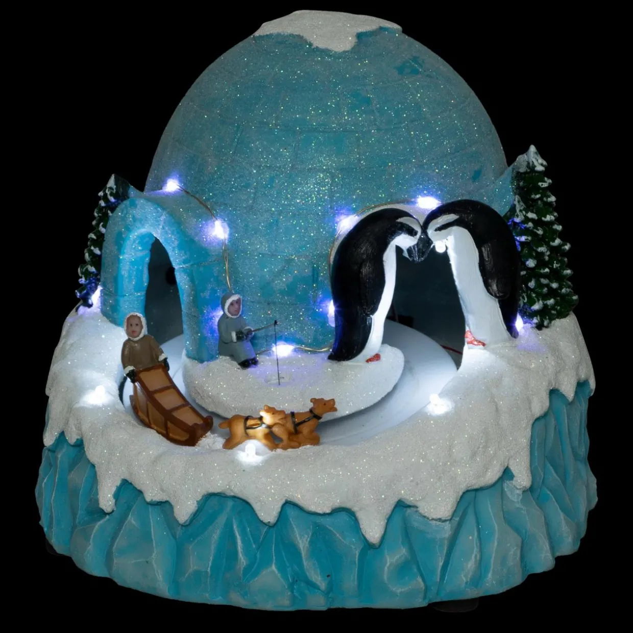 Scène de vie illuminée, musicale et animée (H22 cm) Igloo et chiens de traineaux