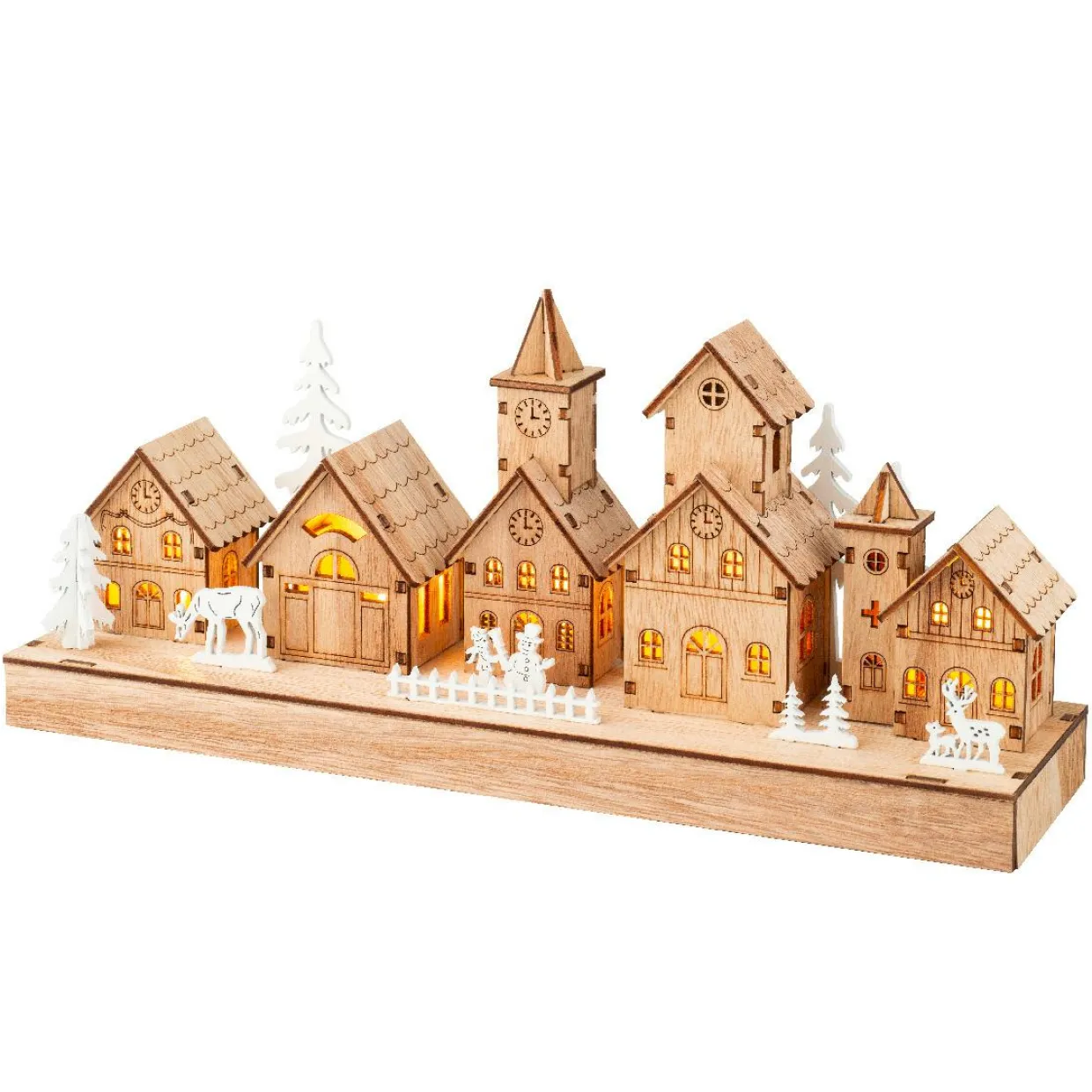 Scène de vie lumineuse à piles en bois (30 x H13 cm) Hameau féerique