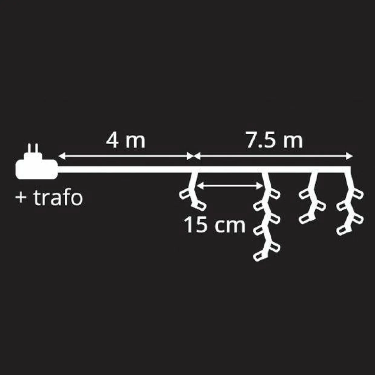 Stalactite lumineuse 7,50 m 175 LED câble noir Blanc froid