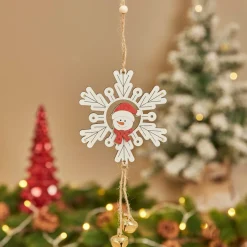 Suspension de Noël en bois (D9 cm) Bonhomme de neige et flocon Blanc