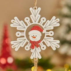 Suspension de Noël en bois (D9 cm) Bonhomme de neige et flocon Blanc