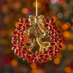 Suspension de Noël en métal (D9 cm) Couronne et strass Rouge et doré