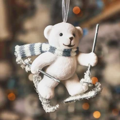 Suspension de Noël en plastique floqué velours (H10 cm) Ours Albin Blanc