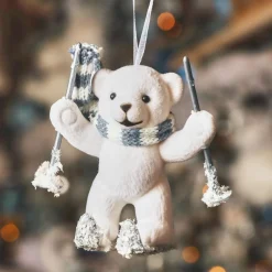 Suspension de Noël floqué velours (H10 cm) Ours Quentin Blanc et gris