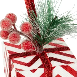 Suspension de Noël (H12 cm) Cadeau rayé et baies Rouge