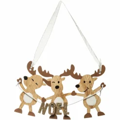 Suspension (H17 cm) Trio rennes en bois de Noël Naturel