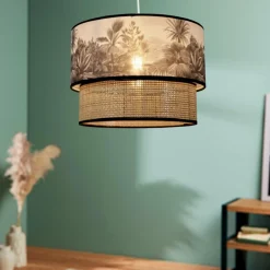 Suspension lumineuse en rotin double (D35 cm) Ombrage Noir et naturel