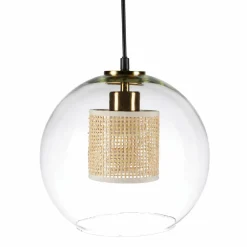 Suspension lumineuse en verre et cannage (D25 cm) Lucéa Beige