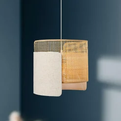 Suspension lumineuse lin et bambou (D28,5 cm) Bourgeon Beige
