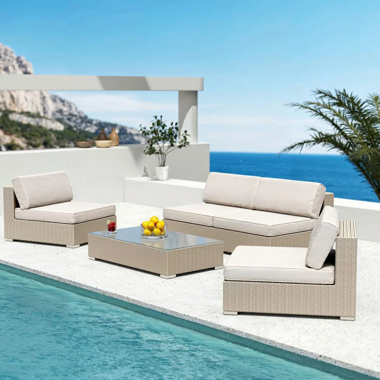 Table basse de jardin rectangulaire en résine tressée Palma Gris