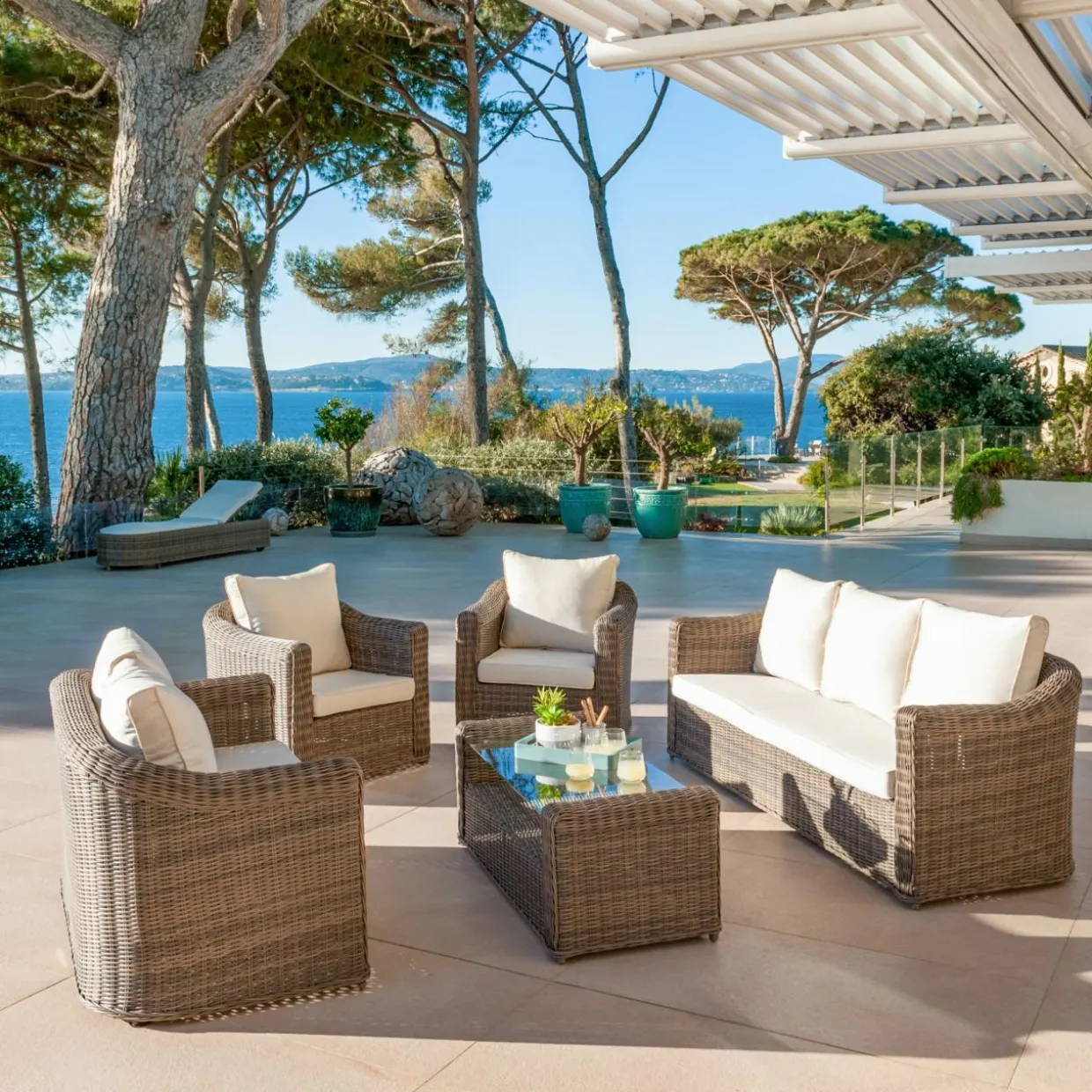 Table basse de jardin rectangulaire résine tressée Calvi Sepia