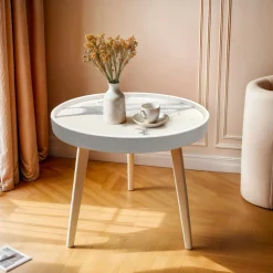 Table basse ronde effet marbre (H43 cm) Déa Blanc