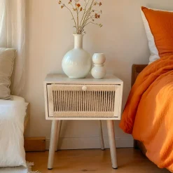 Table de chevet bois et cordes de chanvre (H58 cm) Manille tiroir Beige