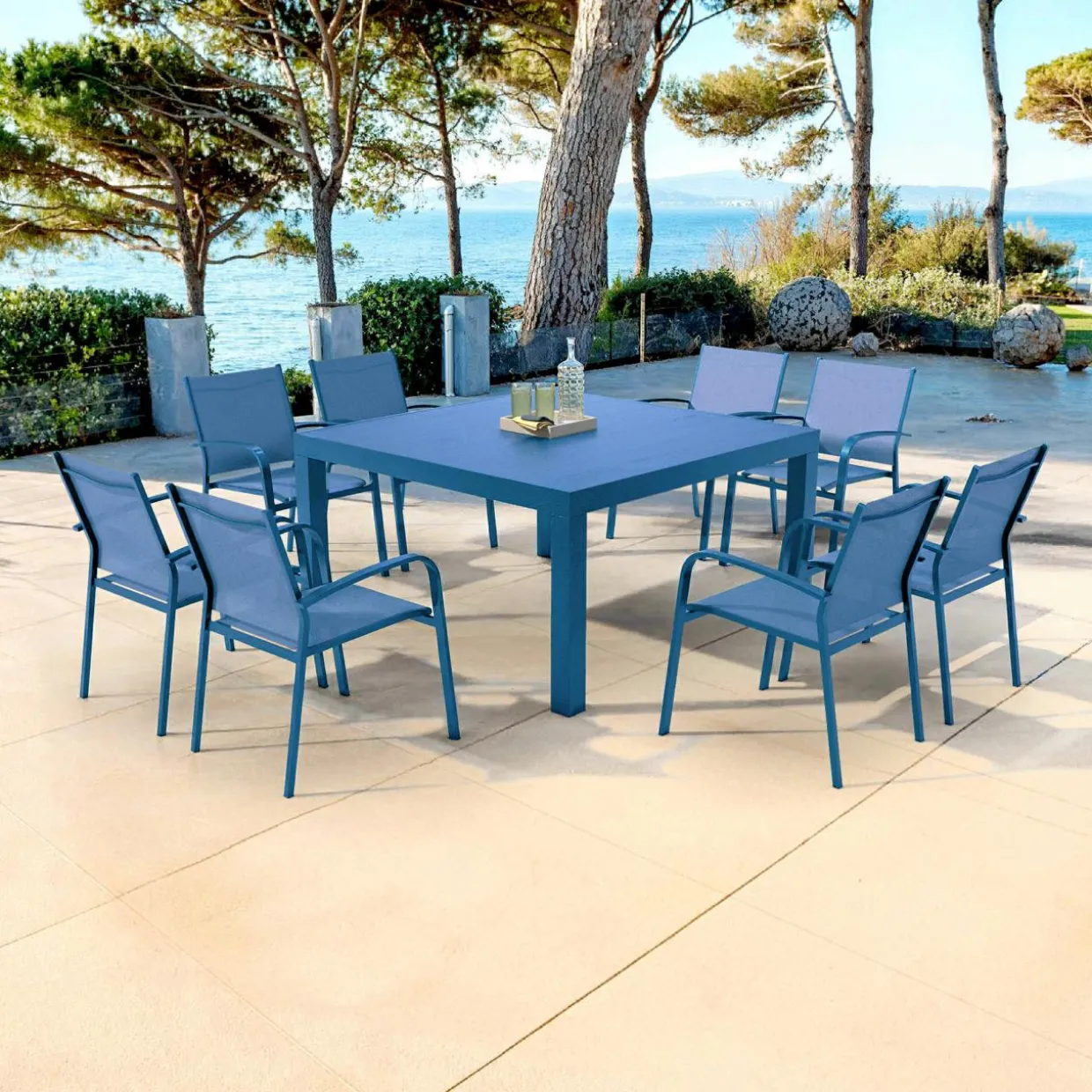 Table de jardin carrée aluminium 8 places (136 x 136 cm) Murano Bleu pétrole
