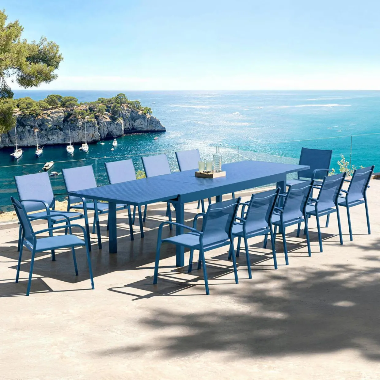 Table de jardin extensible aluminium 12 places (200/320 x 100 cm) Murano Bleu pétrole