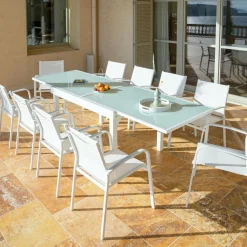 Table de jardin extensible en verre 10 places (135/270 x 90 cm) Murano Blanc