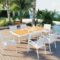Table de jardin extensible en aluminium 8 places effet bois (90/180 x 90 cm) Murano Blanc