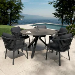 Table de jardin ronde en aluminium et céramique 6 places (D120 cm) Kore Gris anthracite