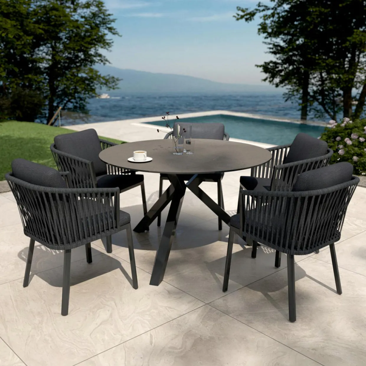 Table de jardin ronde en aluminium et céramique 6 places (D120 cm) Kore Gris anthracite