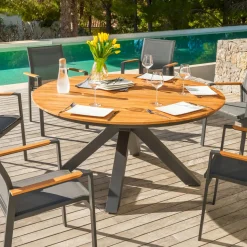 Table de jardin ronde en aluminium et bois teck 8 places (D140 cm) Bali Gris anthracite