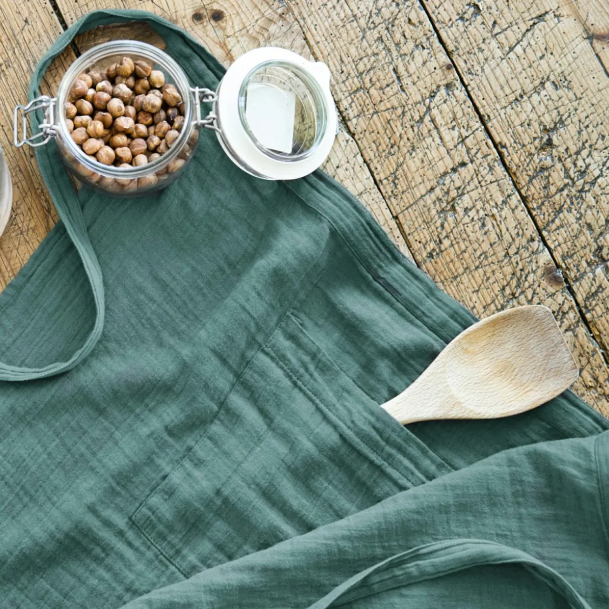 Tablier avec poches gaze de coton Gaïa Bleu canard