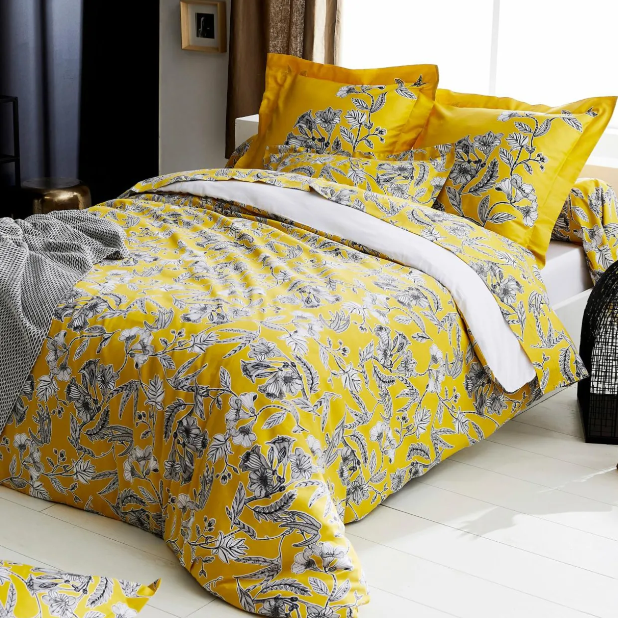 Taie de traversin satin de coton (L200 cm) Botanic Jaune