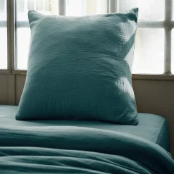 Taie d'oreiller carrée gaze de coton (60 x 60 cm) Gaïa Bleu canard