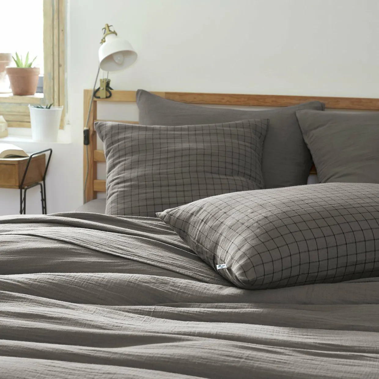 Taie d'oreiller carrée gaze de coton (60 x 60 cm) Gaïa Mix Gris granit