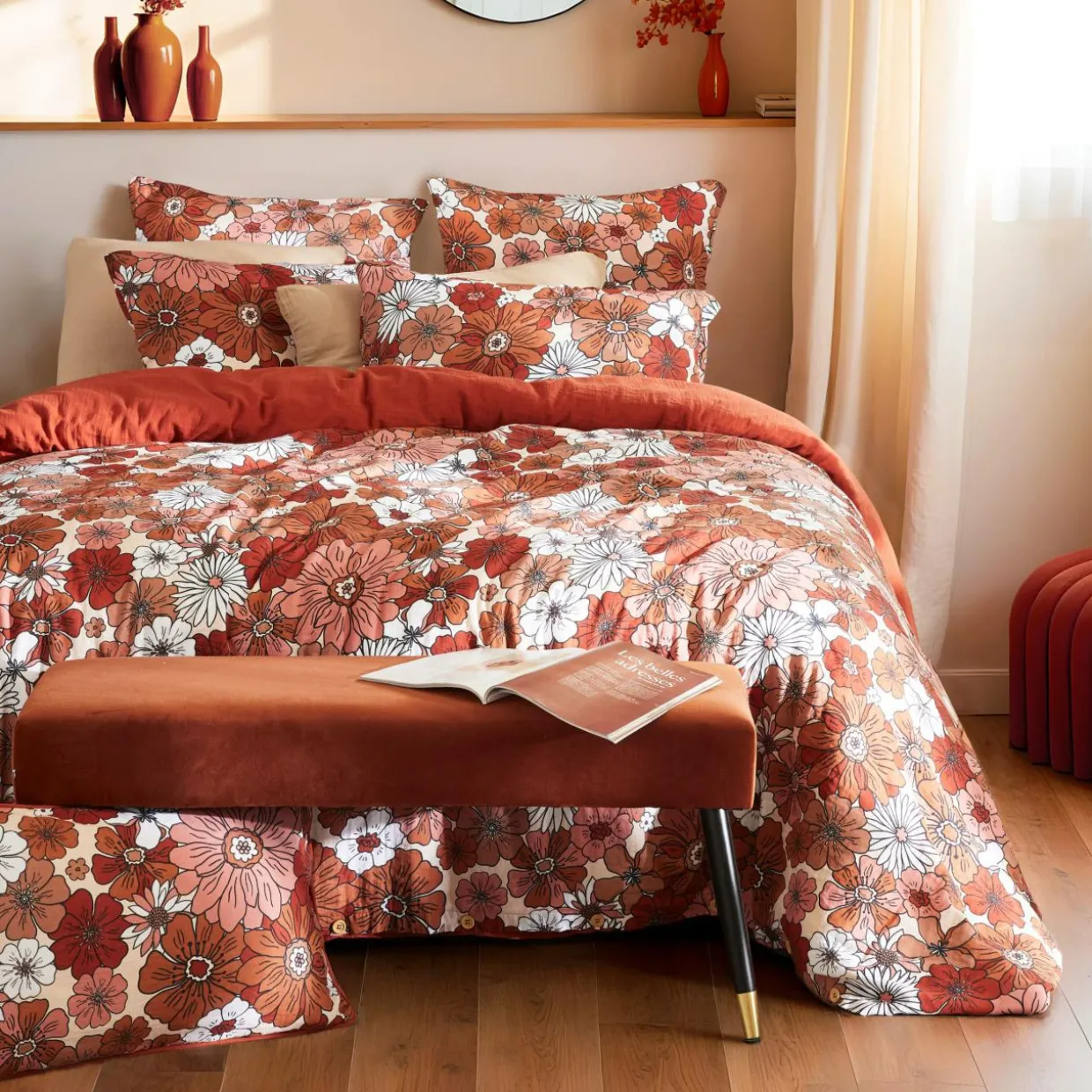 Taie d'oreiller rectangulaire gaze de coton (50 x 70 cm) Gaïa azalée Terracotta