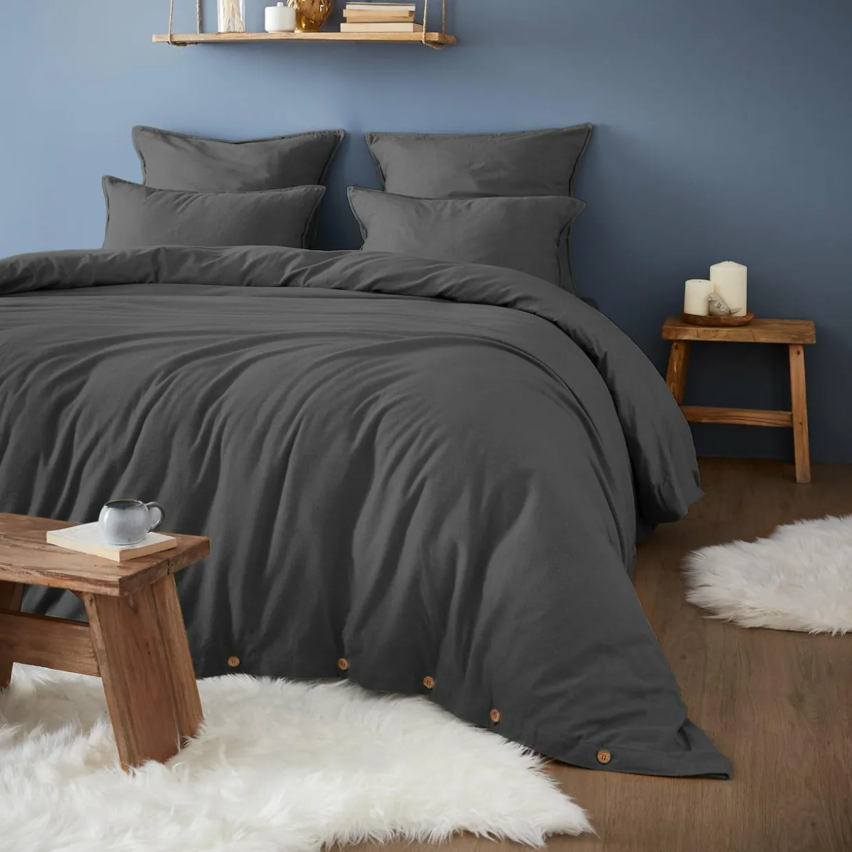 Taie d'oreiller rectangulaire flanelle de coton (50 x 70 cm) Théa Gris anthracite